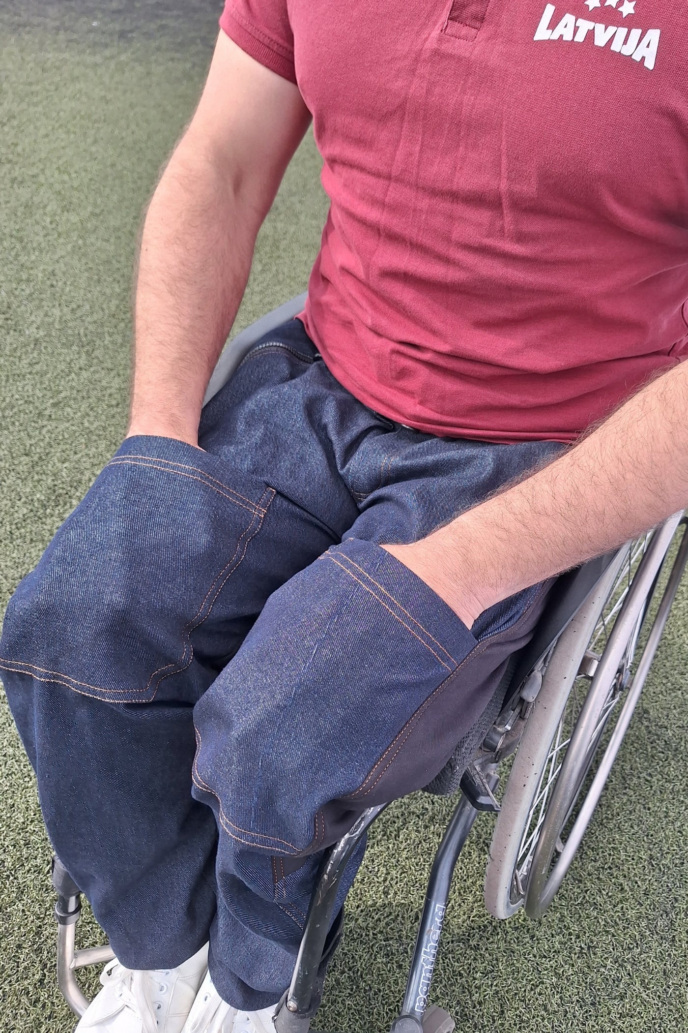 Men's wheelchair adaptive jeans with drop down front 100% cotton