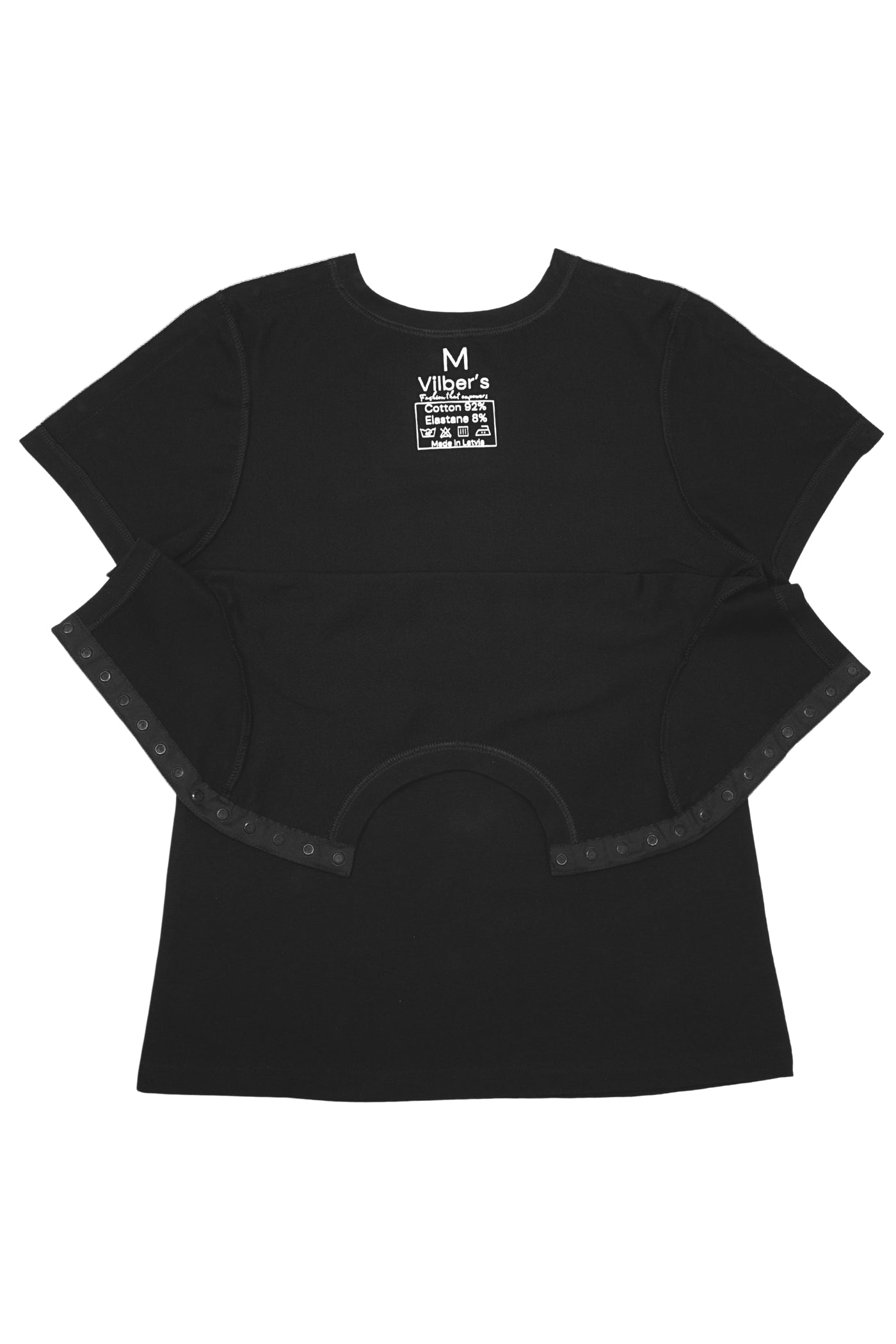 Black adaptive t-shirt with openable shoulders on a white background