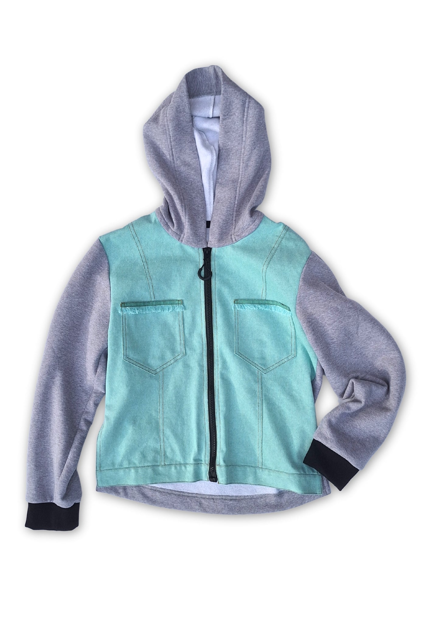 Women's denim/jersey jacket with magnetic zipper, mint