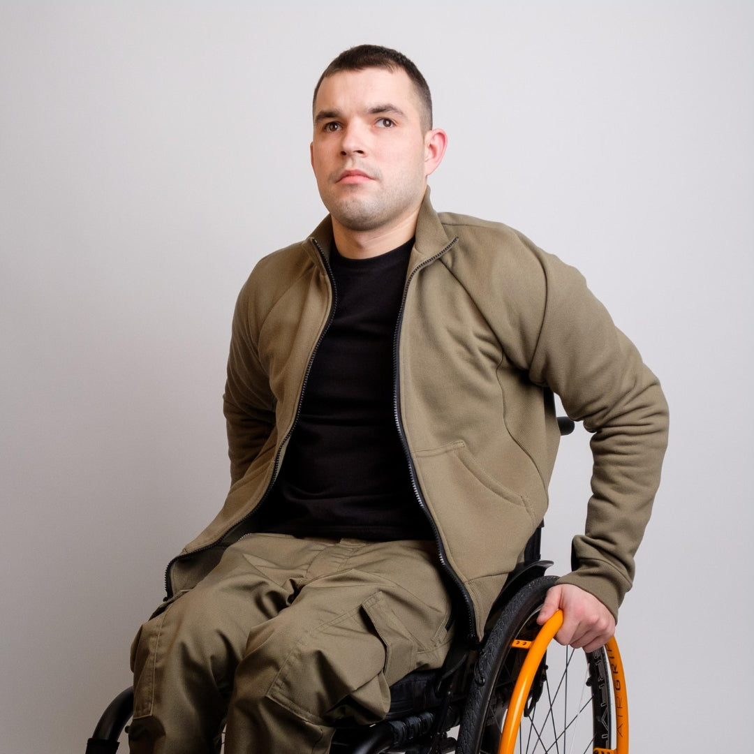 Jacket with magnetic zipper, wheelchair adapted, army green