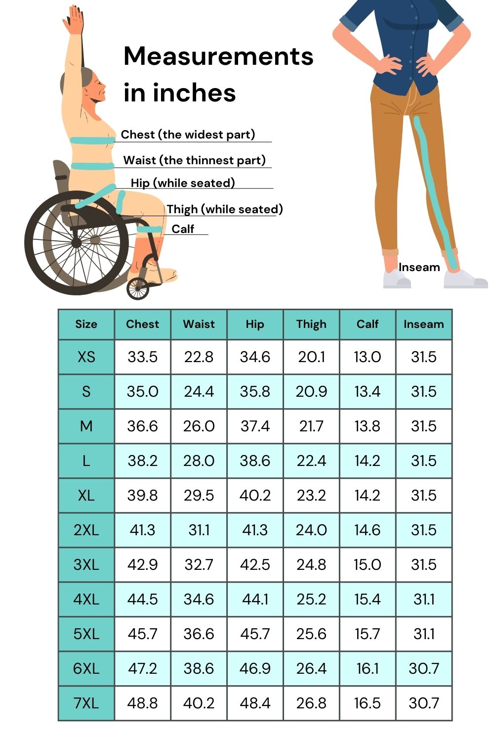 Sizing chart for Vilber's clothing