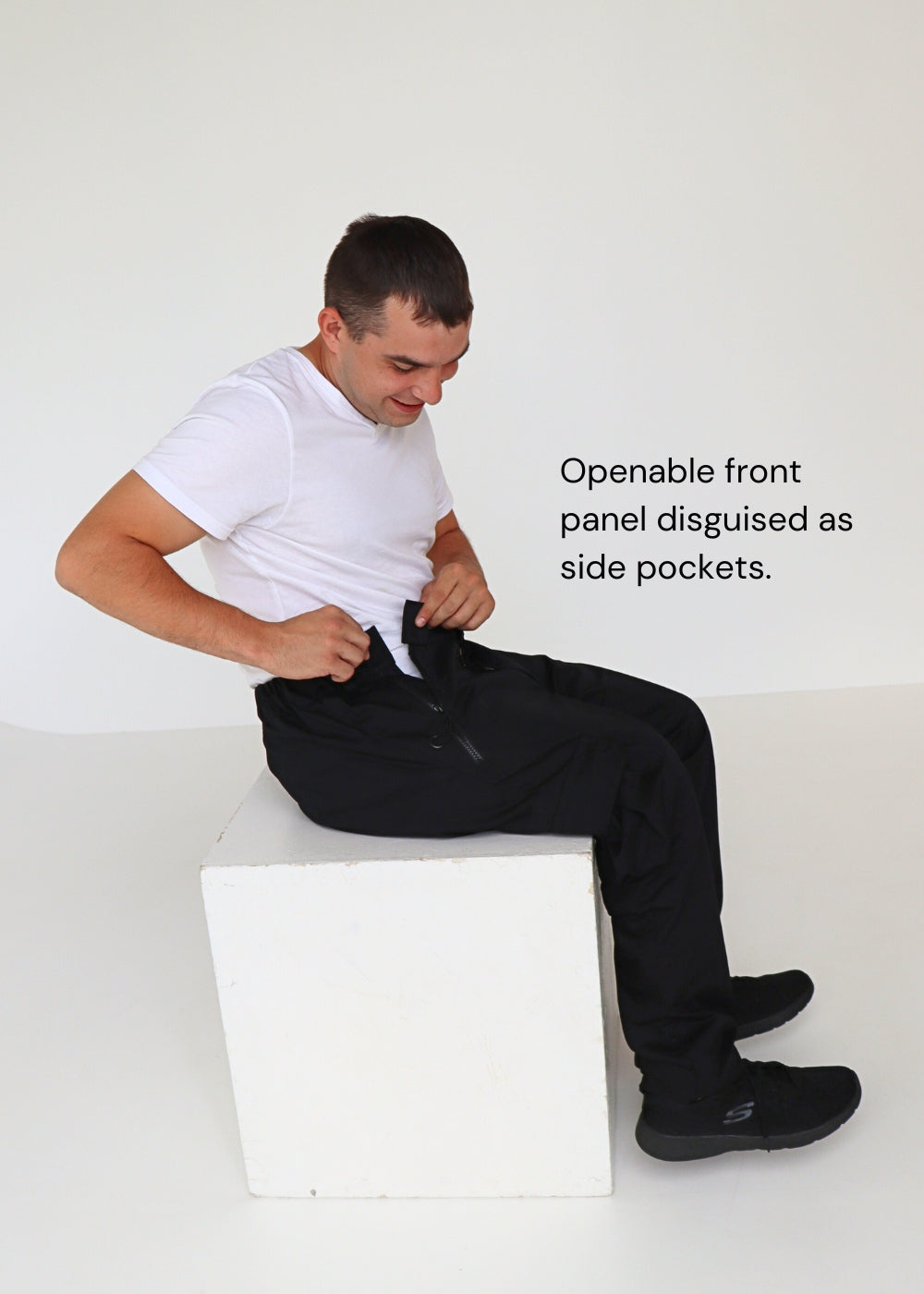 Black pants without pockets, wheelchair adapted