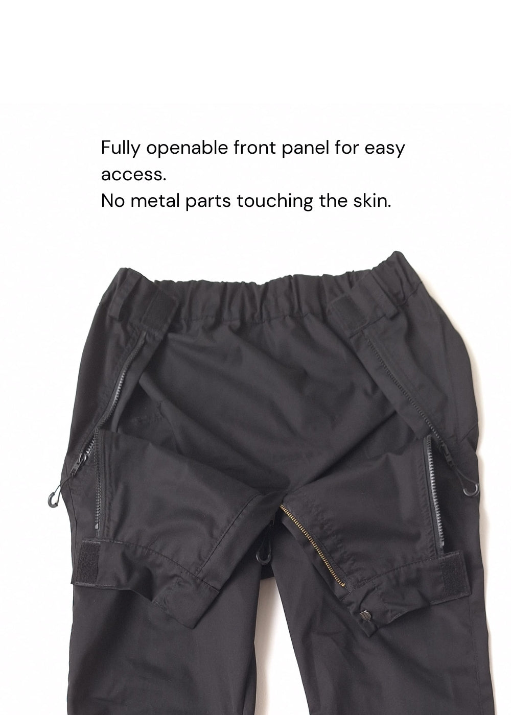 Black pants without pockets, wheelchair adapted